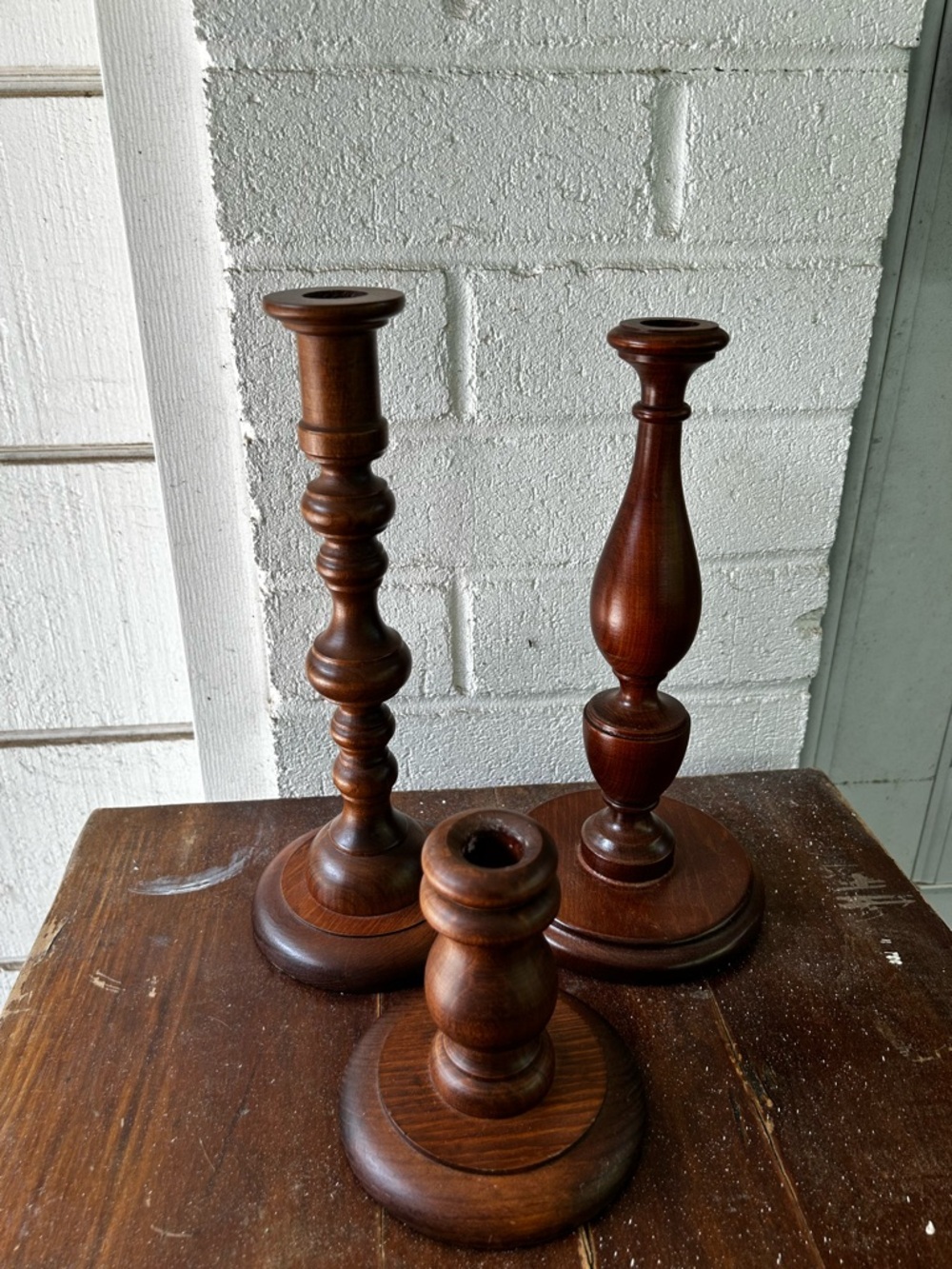 Classic Wooden set of 3 vintage Candlesticks - Brown